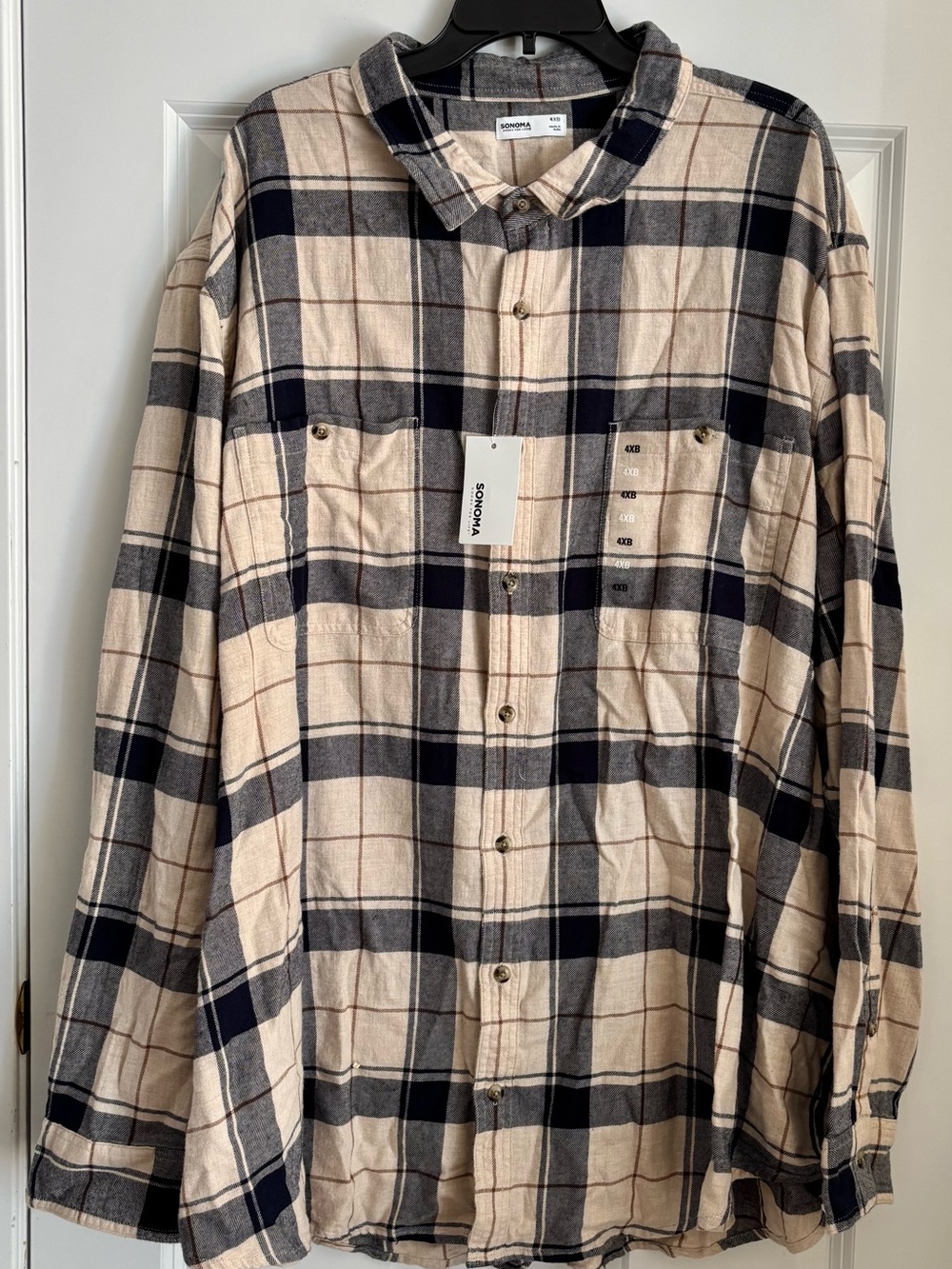 Sonoma Navy and Beige Plaid Long-Sleeve Button-Up Shirt